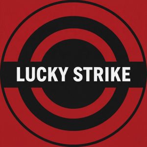 Minimalist abstract category banner for a wholesale catalog, square format. Bold confident composition: deep crimson red and matte black with a strong central circular target-like motif rendered abstractly, conveying classic full-strength character. Clean geometric balance, dramatic studio lighting, subtle premium texture. Large bold sans-serif lettering "LUCKY STRIKE" centered, crisp white or red with strong contrast. No products, no cigarettes, no people, no smoke, no exact brand logos. Sleek striking e-commerce header, iconic and direct, high contrast. 1:1 square.